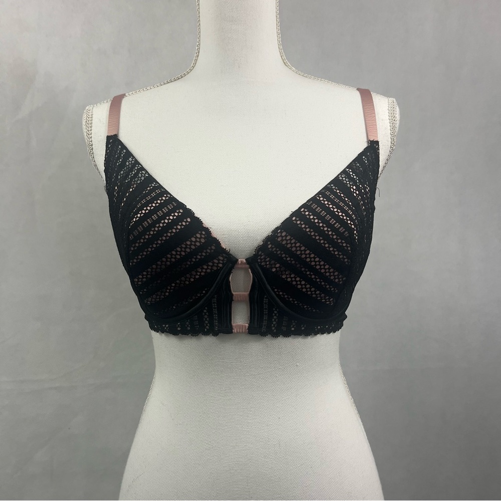 VS Victoria’s Secret black Lace pink striped plunge bra 34DD